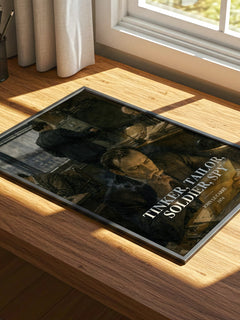 Tinker, Tailor, Soldier, Spy watercolour book poster framed on wall – thriller wall art