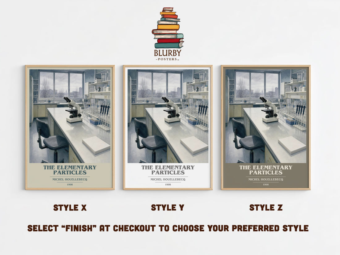 The Elementary Particles book cover print in frame leaning in hallway – literary fiction wall art (mockup)