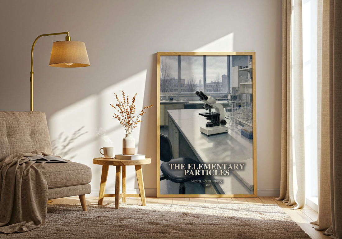 The Elementary Particles watercolour print in frame leaning in hallway – literary fiction wall art