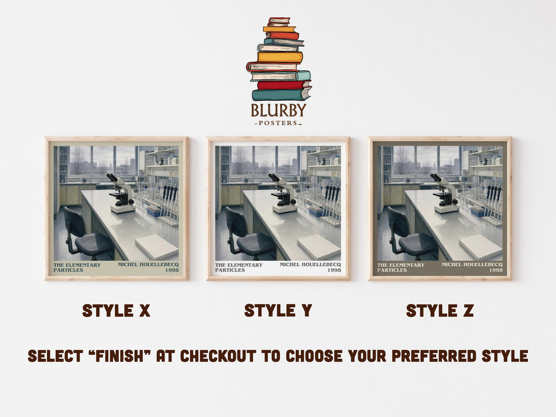 The Elementary Particles literary print in frame leaning in hallway – literary fiction wall art (mockup)