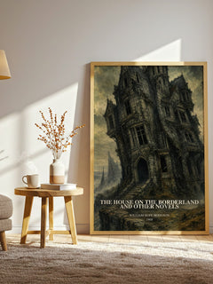 The House On The Borderland And Other Novels watercolour print in frame leaning in hallway – horror wall art
