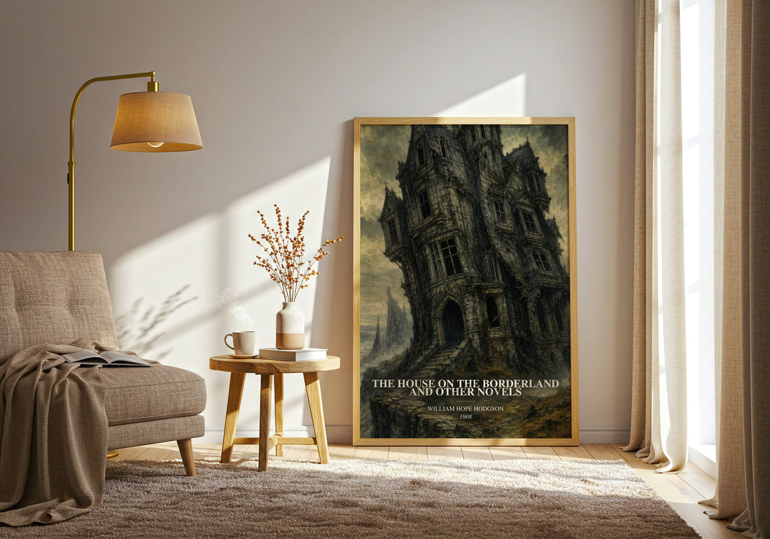 The House On The Borderland And Other Novels watercolour print in frame leaning in hallway – horror wall art