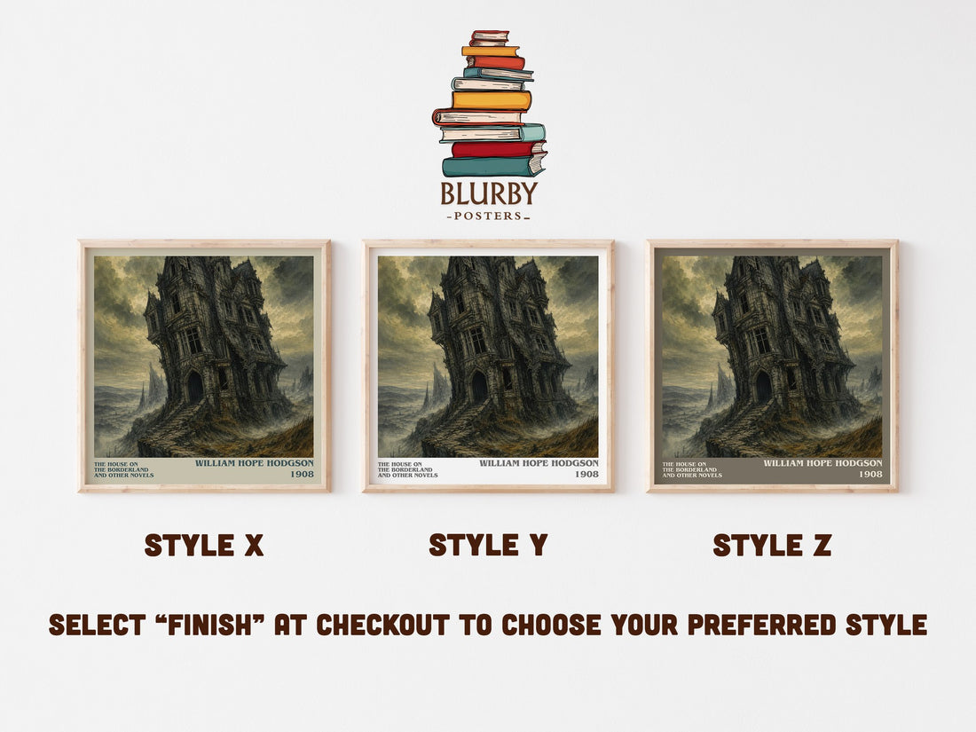 The House On The Borderland And Other Novels literary print in frame leaning in hallway – horror wall art (mockup)