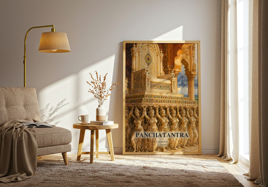 Panchatantra watercolour print in frame leaning in hallway – childrens wall art