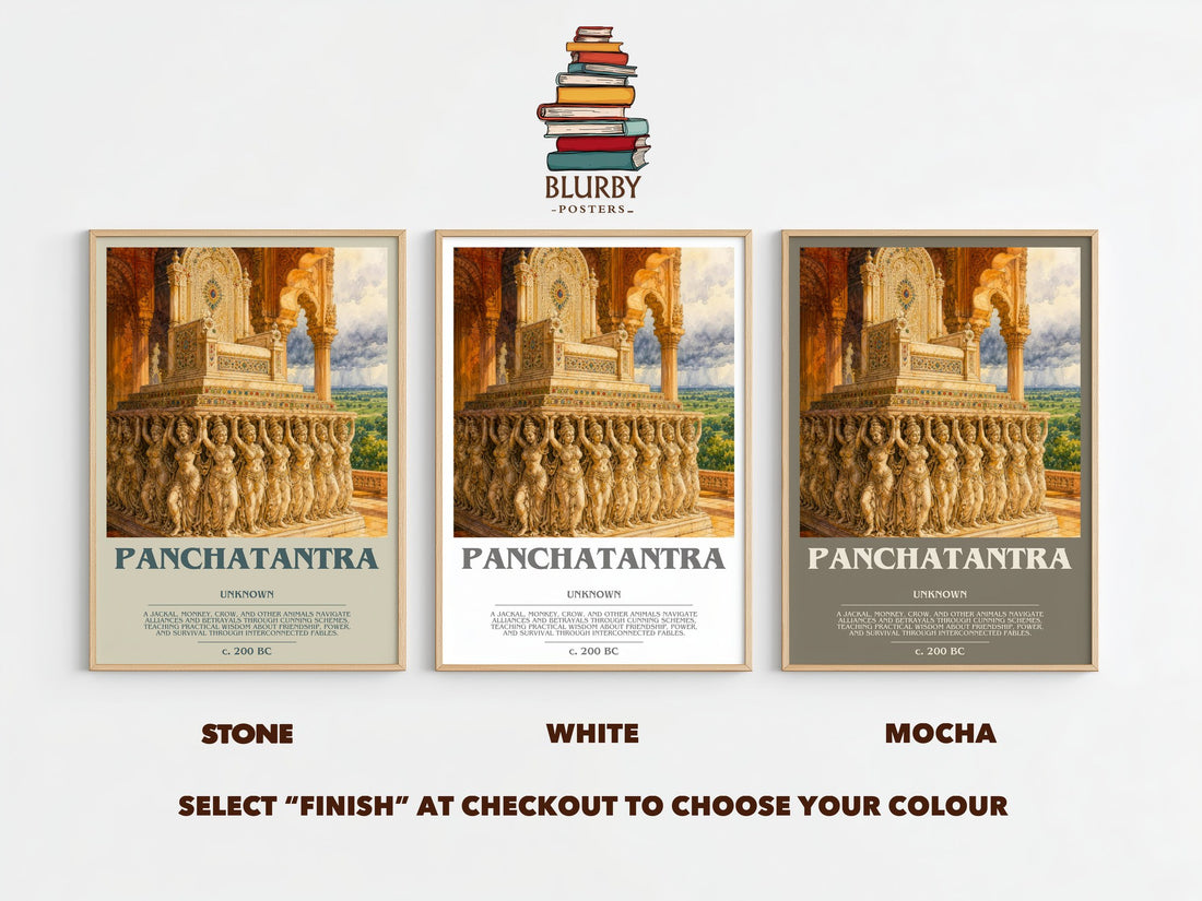 Panchatantra bookish print framed by window – Stone, White and Mocha side by side – choose your colour