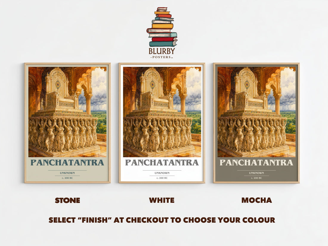 Panchatantra book cover print framed by window – Stone, White and Mocha side by side – choose your colour