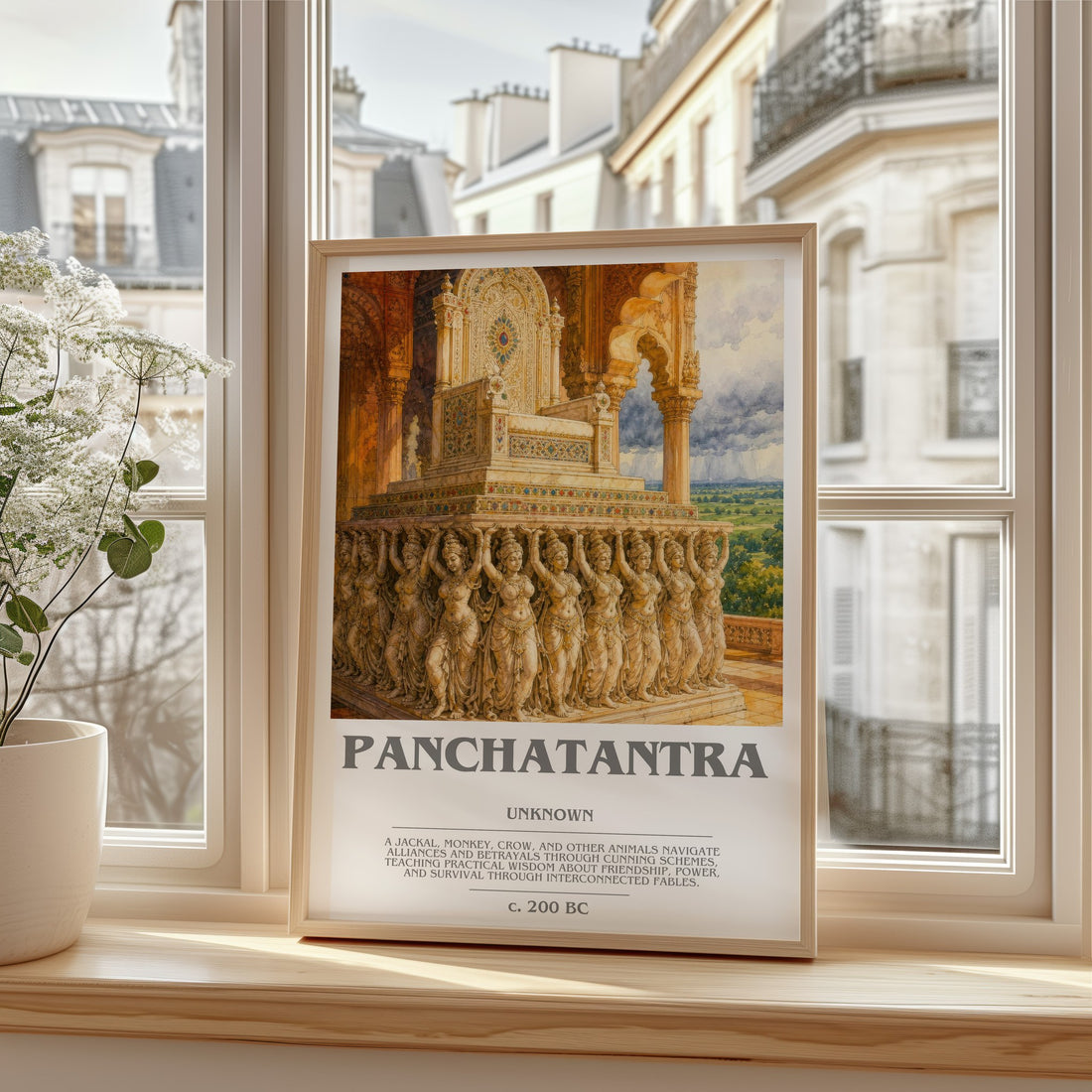 Panchatantra bookish print in frame leaning in hallway – childrens wall art