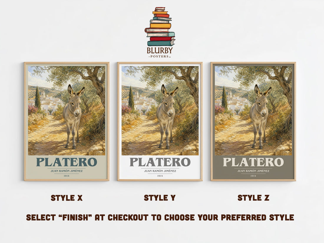 Platero book cover print in frame leaning in hallway – poetry wall art (mockup)