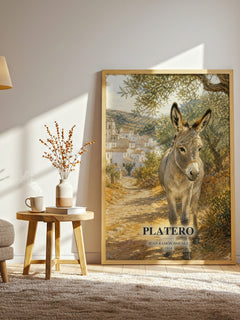 Platero watercolour print in frame leaning in hallway – poetry wall art