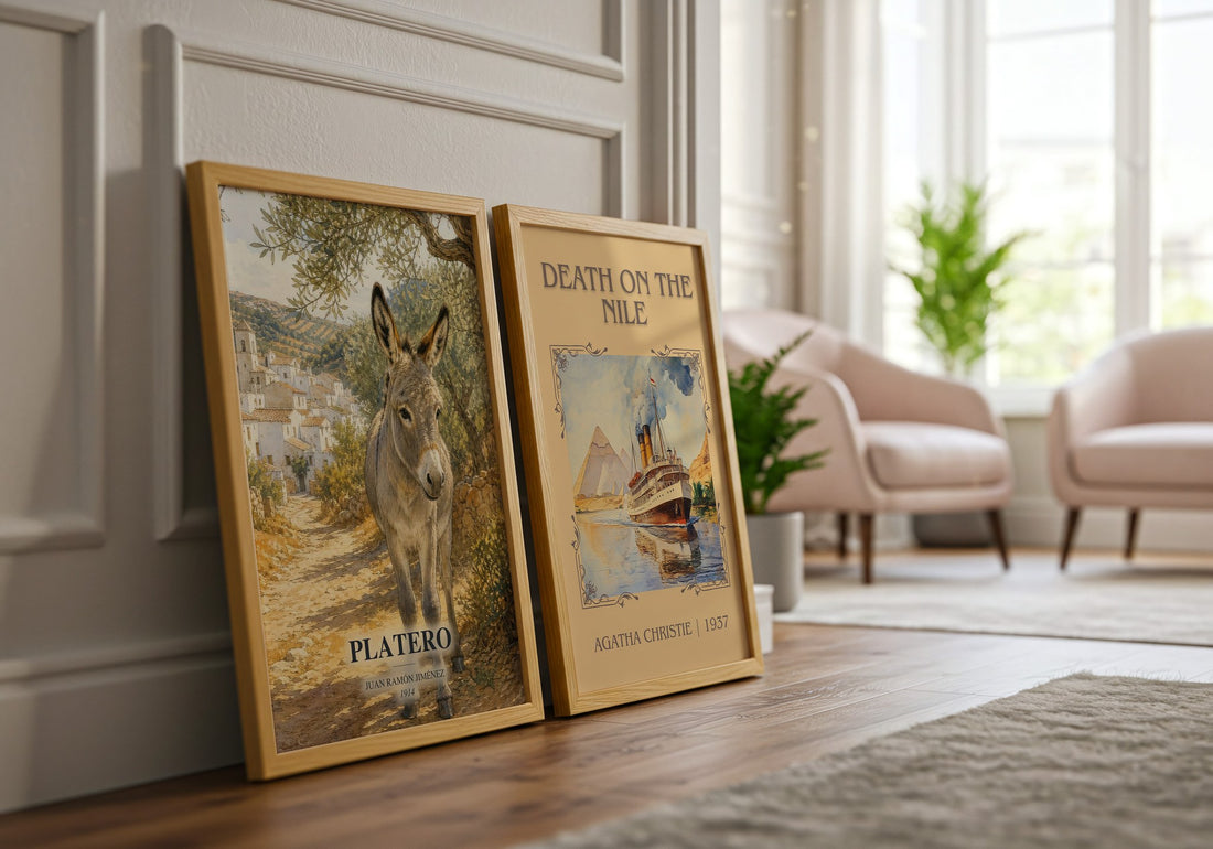 Platero watercolour print framed by window – literary home decor