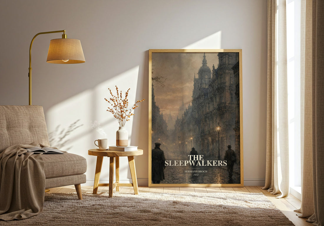 The Sleepwalkers watercolour print in frame leaning in hallway – literary fiction wall art