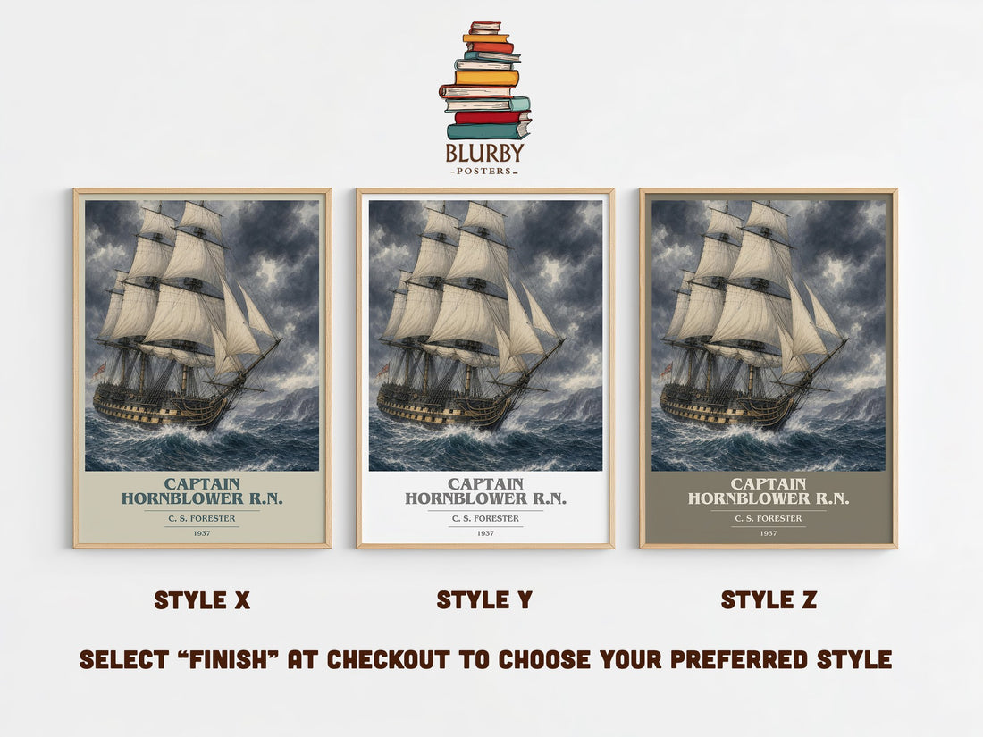 Captain Hornblower R.N. book cover print in frame leaning in hallway – historical fiction wall art (mockup)