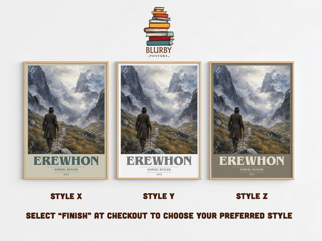 Erewhon book cover print in frame leaning in hallway – satire wall art (mockup)