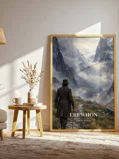 Erewhon watercolour print in frame leaning in hallway – satire wall art