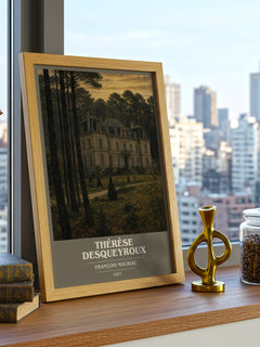 Thérèse Desqueyroux Book Cover Poster by François Mauriac – framed print on a city-view windowsill