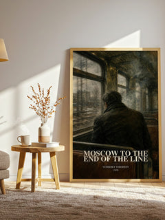 Moscow to the End of the Line watercolour print in frame leaning in hallway – literary fiction wall art