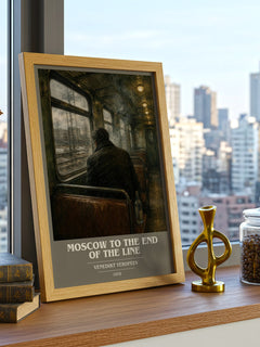 Moscow to the End of the Line book cover print framed by window – literary home decor