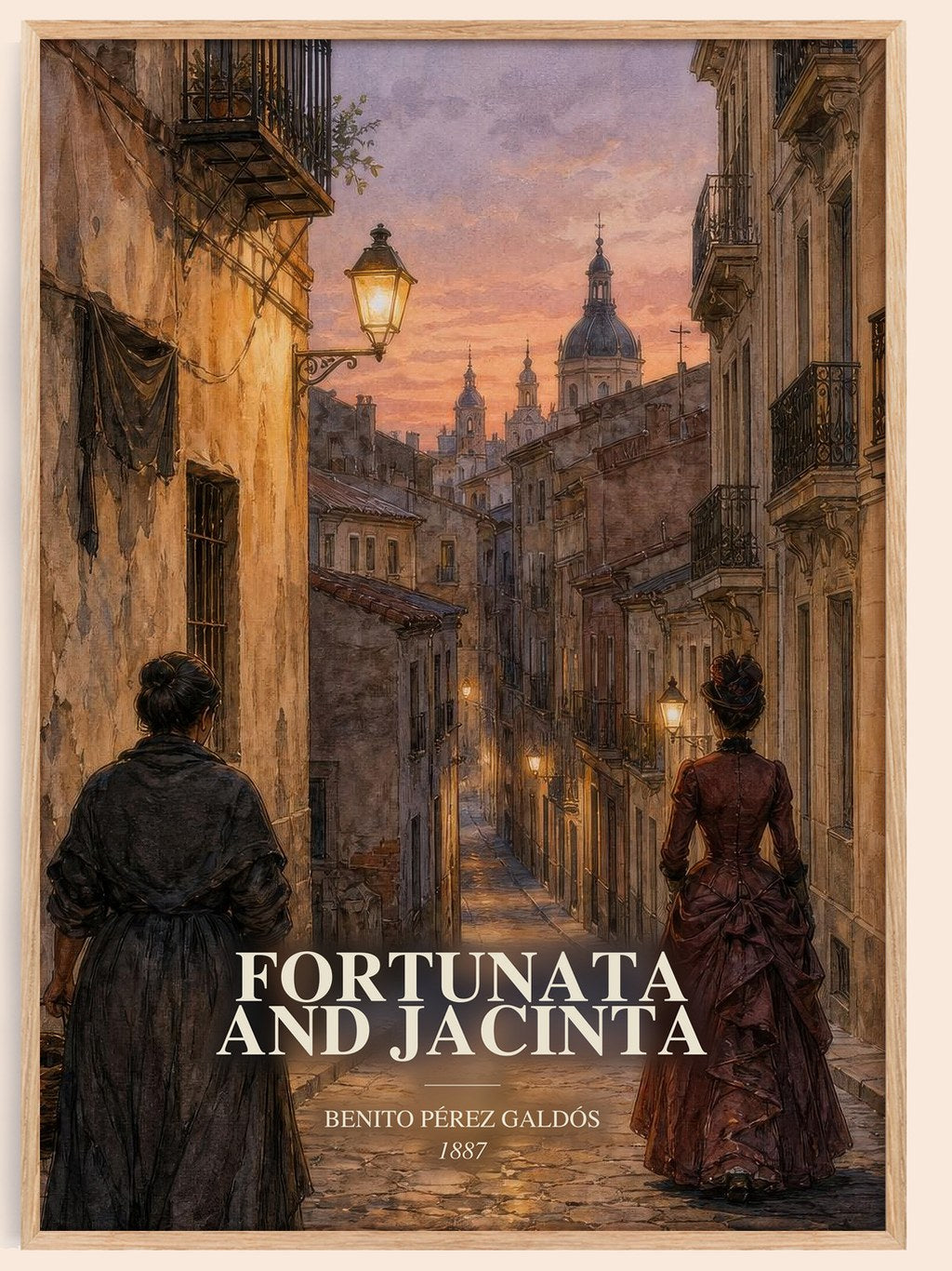 Fortunata and Jacinta watercolour book poster by Benito Pérez Galdós – framed literary art print