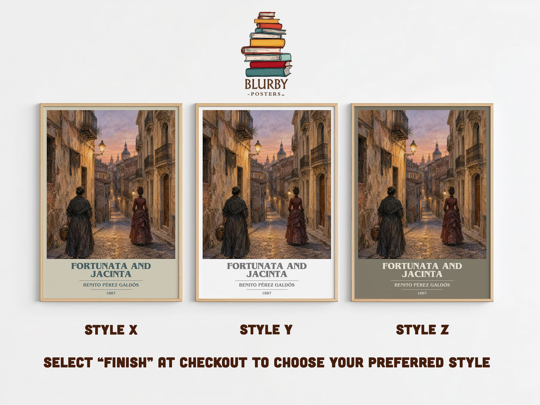 Fortunata and Jacinta book cover print in frame leaning in hallway – classic literature wall art