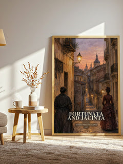 Fortunata and Jacinta watercolour print in frame leaning in hallway – classic literature wall art