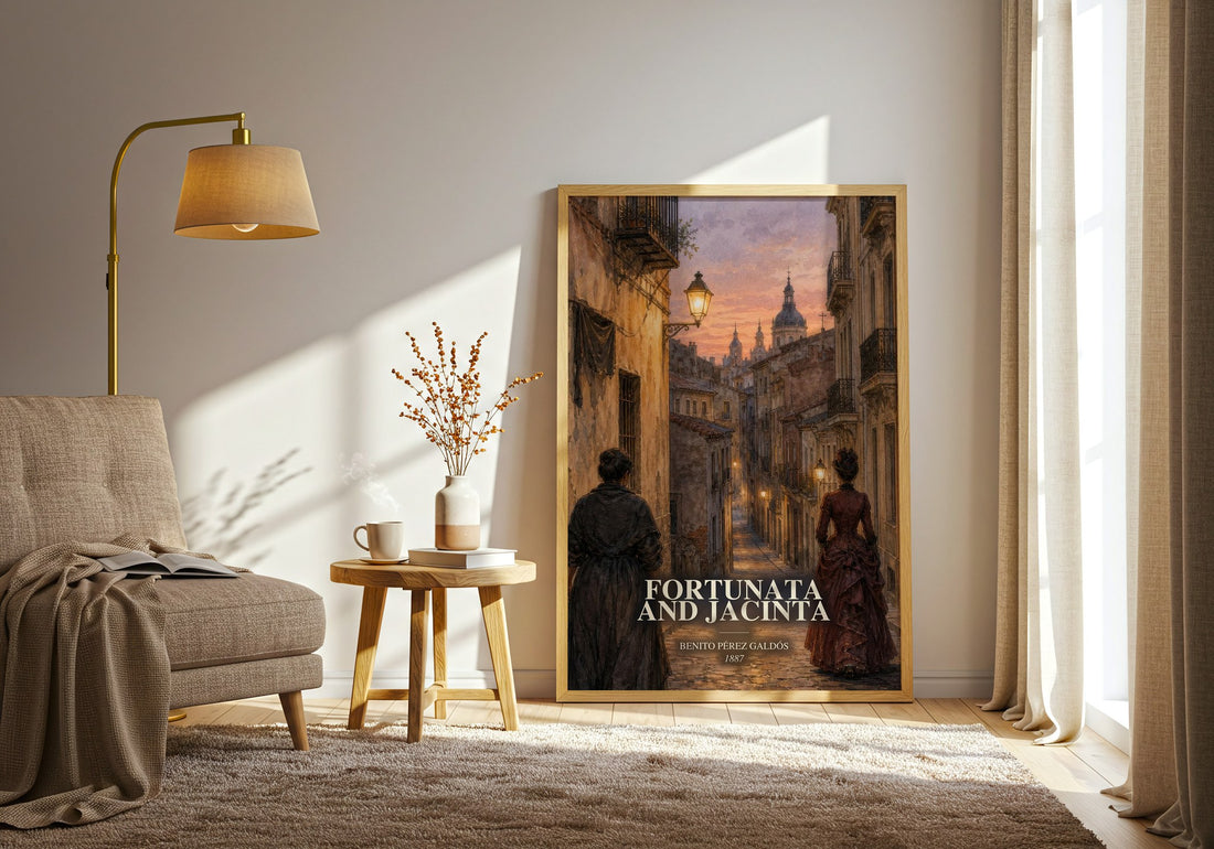 Fortunata and Jacinta watercolour print in frame leaning in hallway – classic literature wall art