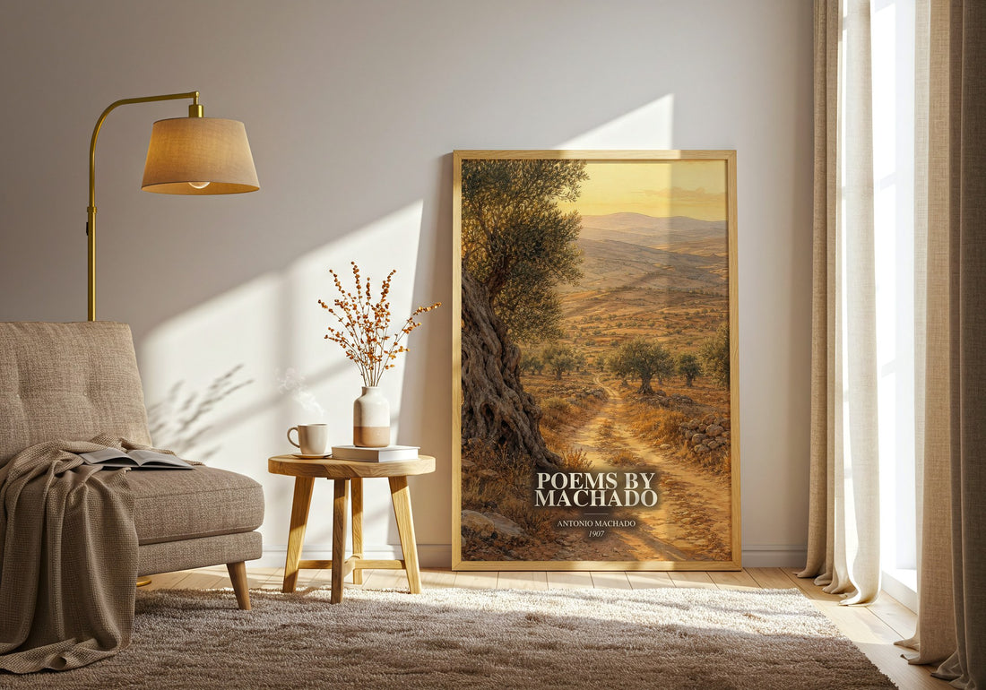 Poems by Machado watercolour print in frame leaning in hallway – poetry wall art
