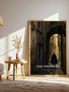 The Swindler watercolour print in frame leaning in hallway – satire wall art