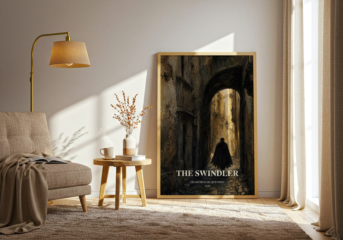 The Swindler watercolour print in frame leaning in hallway – satire wall art