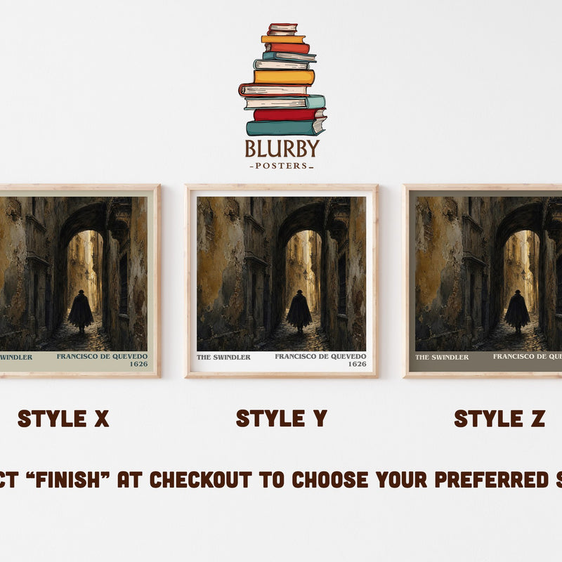 The Swindler literary print in frame leaning in hallway – satire wall art