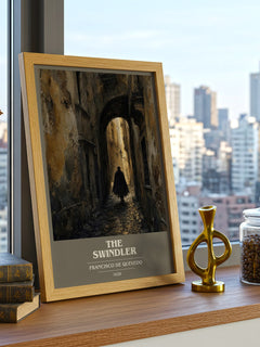 The Swindler book cover print framed by window – literary home decor
