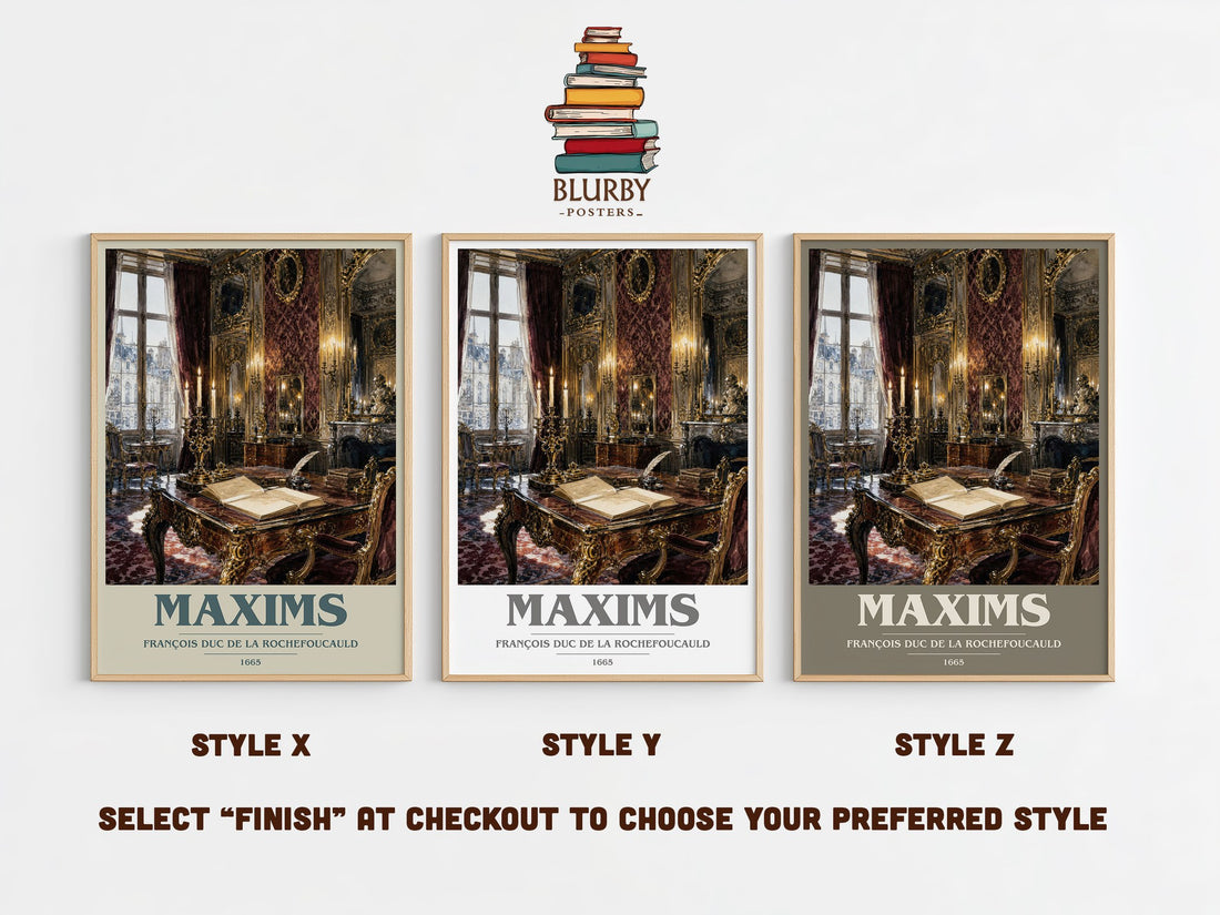 Maxims book cover print in frame leaning in hallway – philosophy wall art