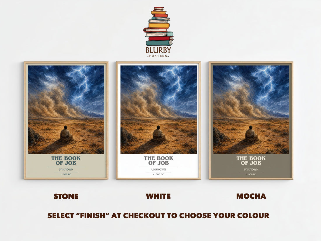 The Book of Job book cover print framed by window – Stone, White and Mocha side by side – choose your colour