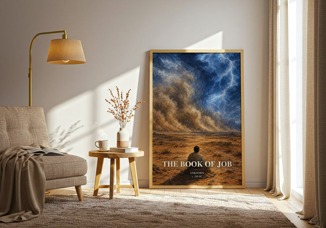 The Book of Job watercolour print in frame leaning in hallway – philosophy wall art