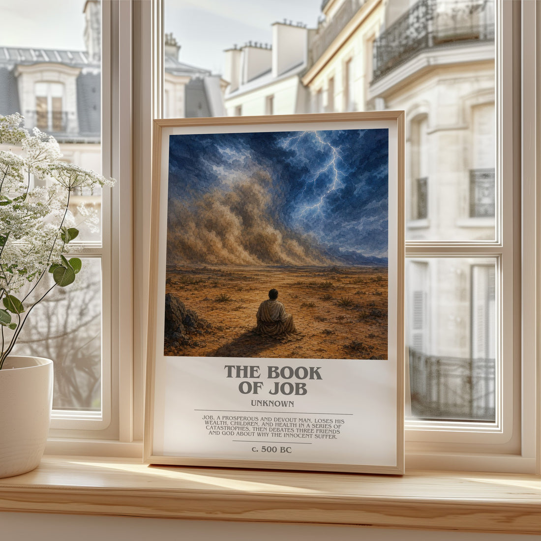 The Book of Job bookish print in frame leaning in hallway – philosophy wall art