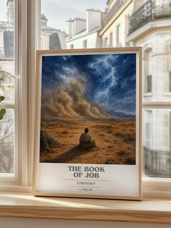 The Book of Job book cover print in frame leaning in hallway – philosophy wall art