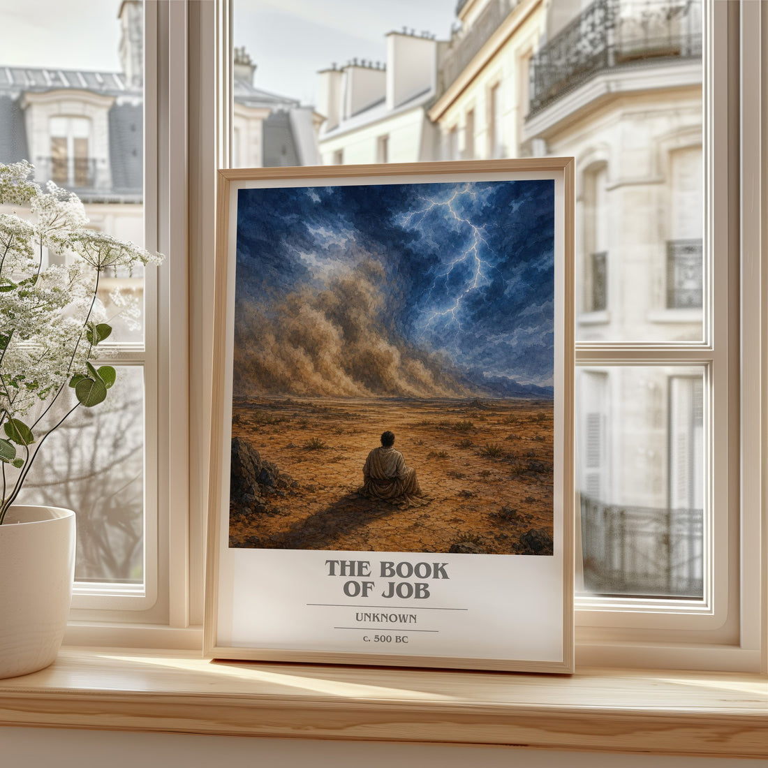 The Book of Job book cover print in frame leaning in hallway – philosophy wall art