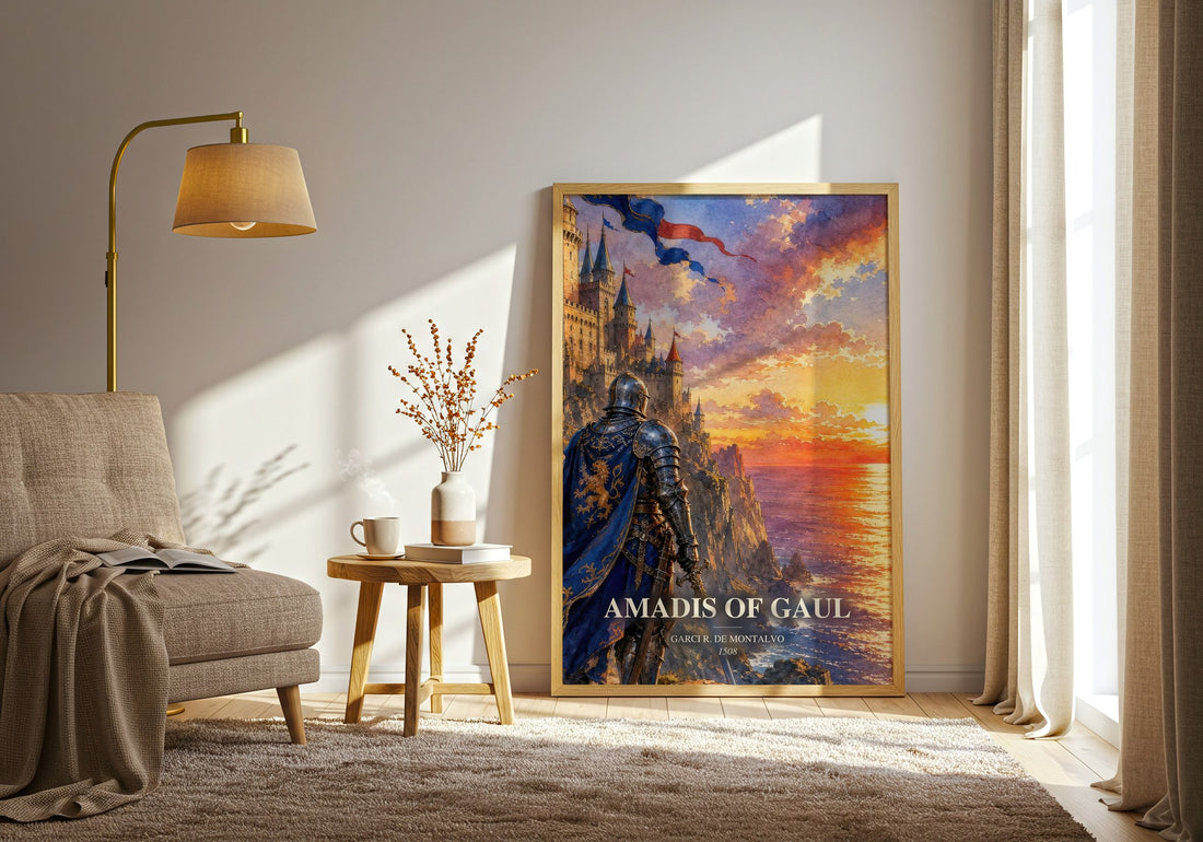 Amadis of Gaul watercolour print in frame leaning in hallway – fantasy wall art