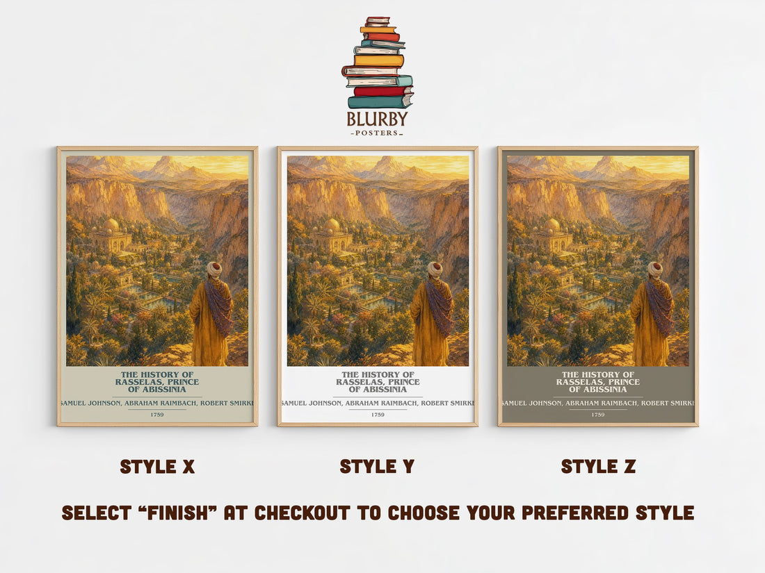 The History of Rasselas, Prince of Abissinia book cover print in frame leaning in hallway – philosophy wall art (mockup)