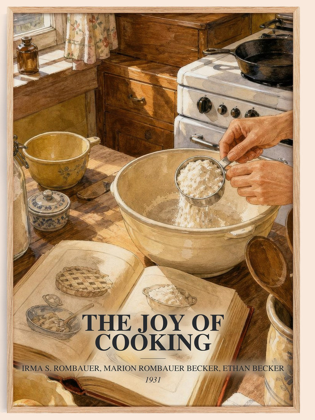 The Joy of Cooking watercolour book poster by Irma S. Rombauer, Marion Rombauer Becker, Ethan Becker – framed literary art