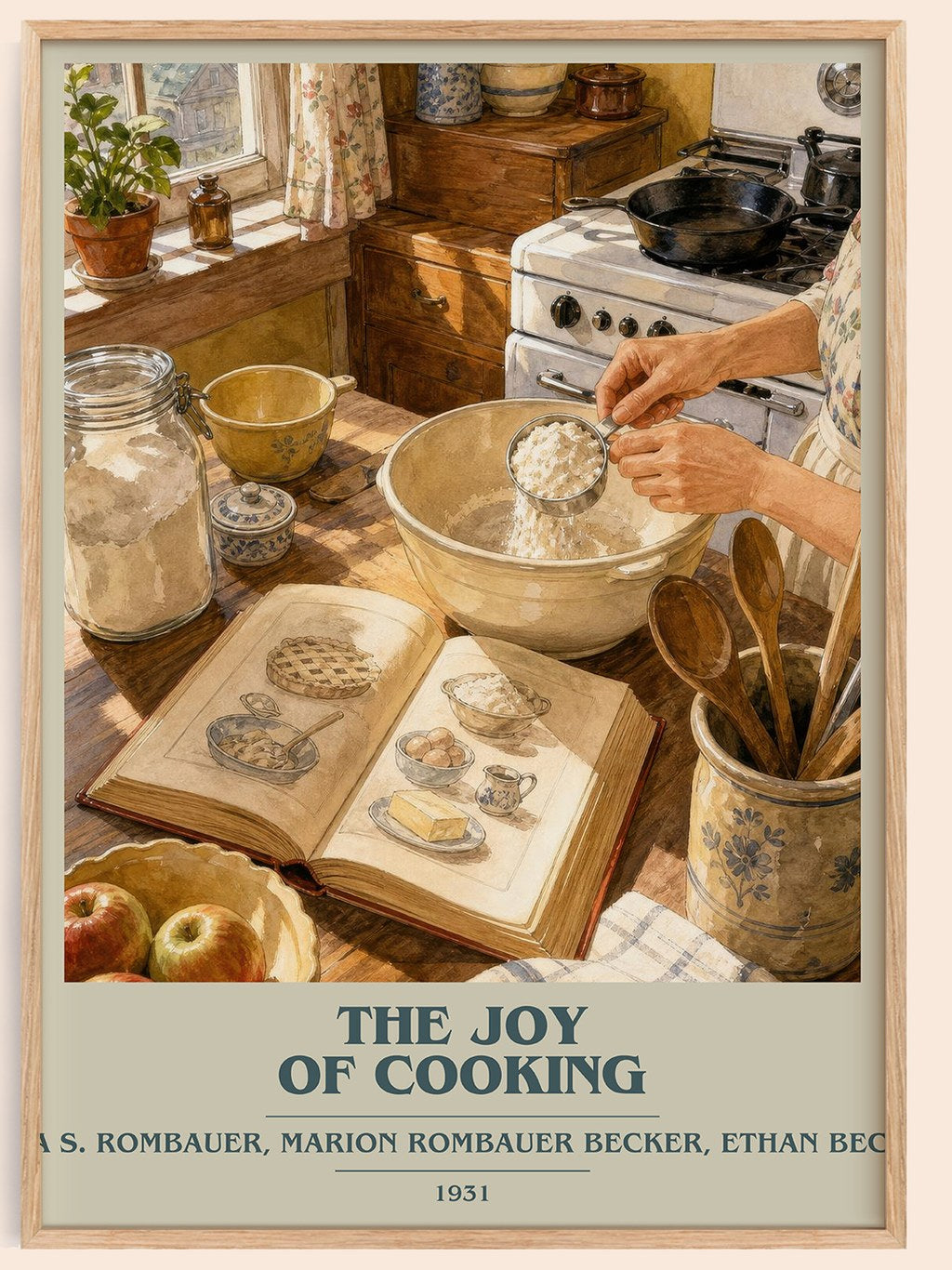 The Joy of Cooking book cover book poster by Irma S. Rombauer, Marion Rombauer Becker, Ethan Becker – framed literary art