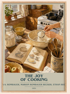 The Joy of Cooking book cover book poster by Irma S. Rombauer, Marion Rombauer Becker, Ethan Becker – framed literary art