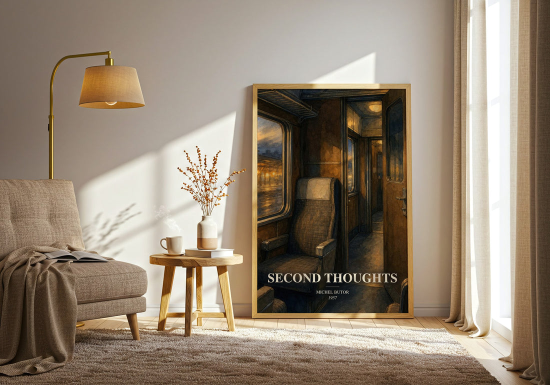 Second Thoughts watercolour print in frame leaning in hallway – literary fiction wall art