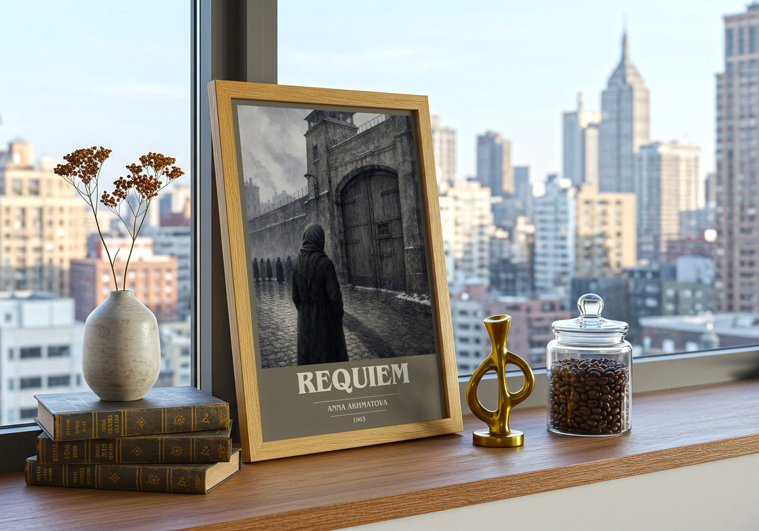 Requiem book cover print framed by window – literary home decor