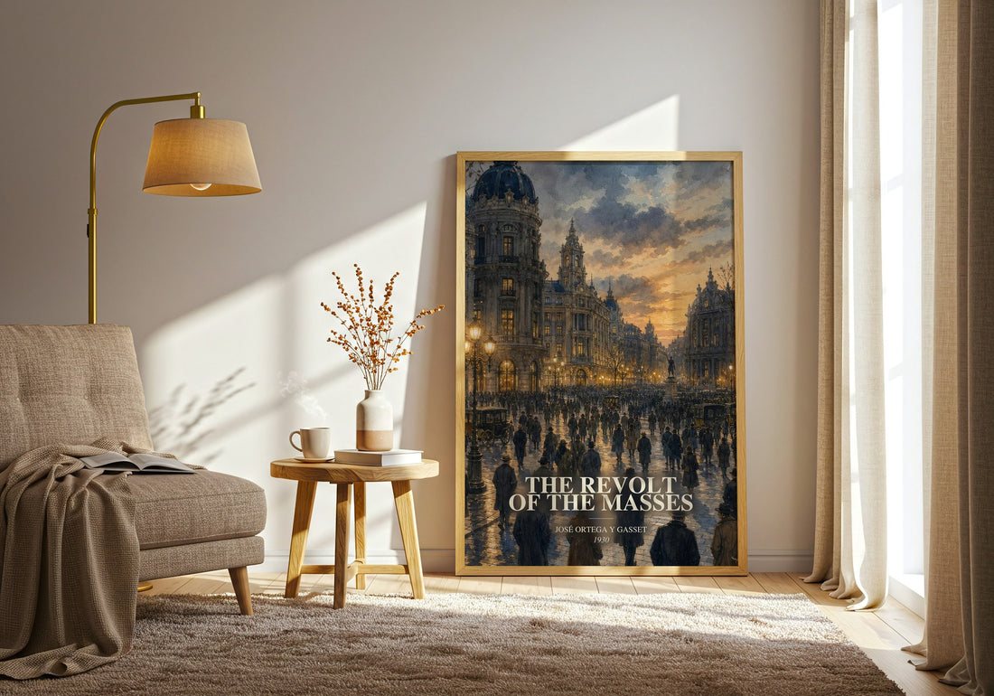 The Revolt of the Masses watercolour print in frame leaning in hallway – philosophy wall art