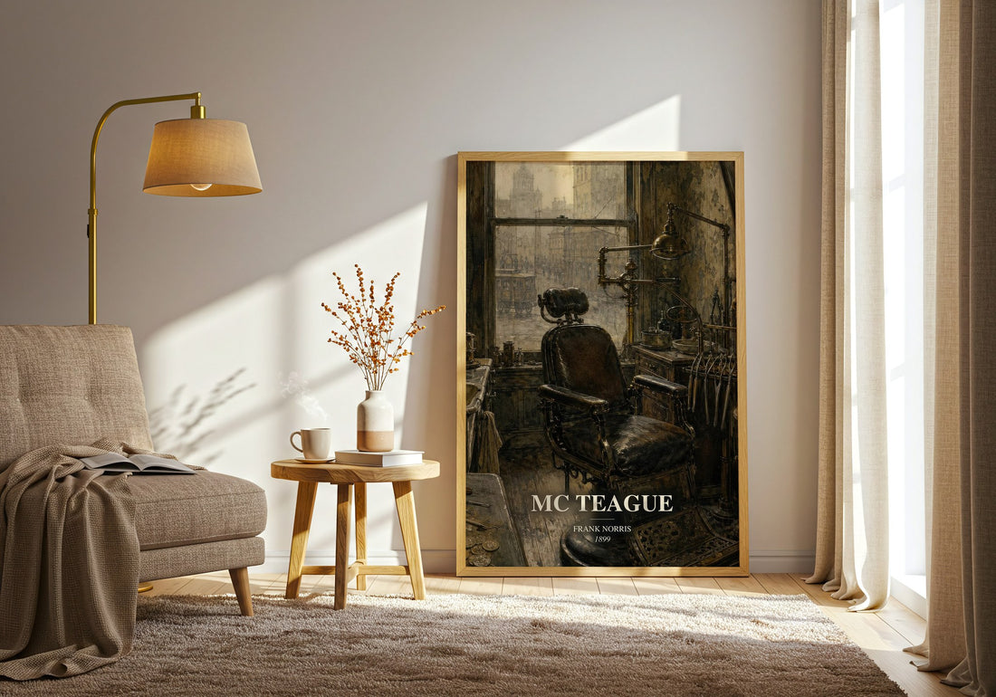 Mc Teague watercolour print in frame leaning in hallway – literary fiction wall art