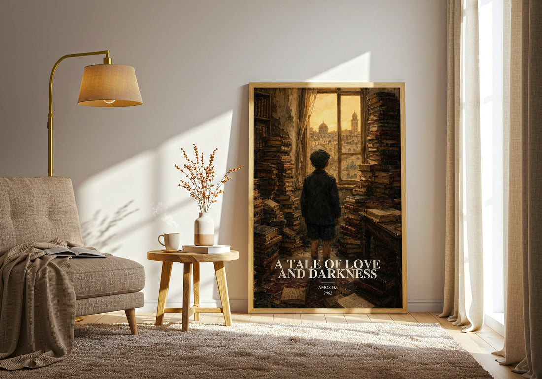 A Tale of Love and Darkness watercolour print in frame leaning in hallway – memoir wall art