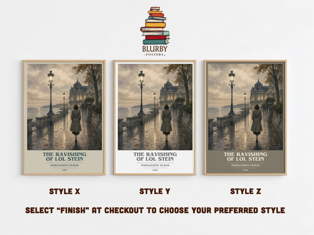 The Ravishing of Lol Stein book cover print in frame leaning in hallway – literary fiction wall art (mockup)