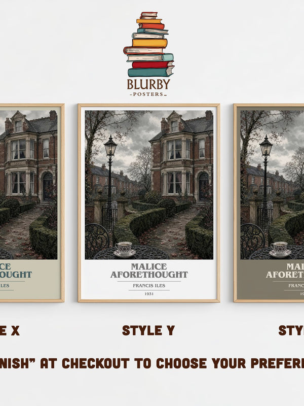 Malice Aforethought book cover print in frame leaning in hallway – crime wall art