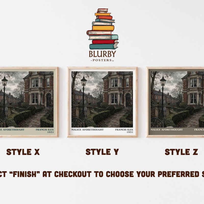 Malice Aforethought literary print in frame leaning in hallway – crime wall art