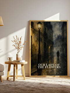 Our Lady of the Flowers watercolour print in frame leaning in hallway – literary fiction wall art